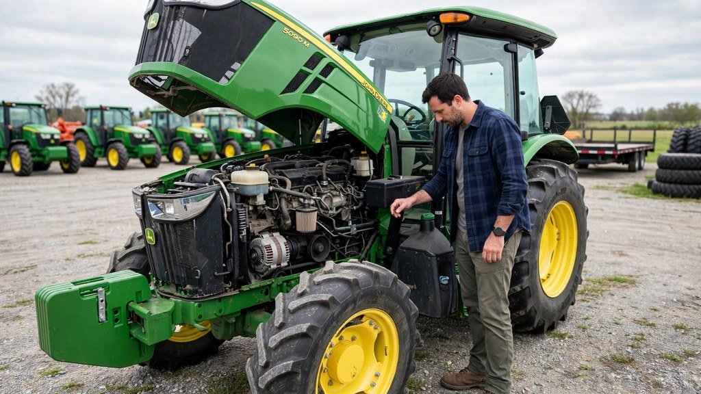 Buyer inspecting a used John Deere 5090M with the hood open on a dealer lot
