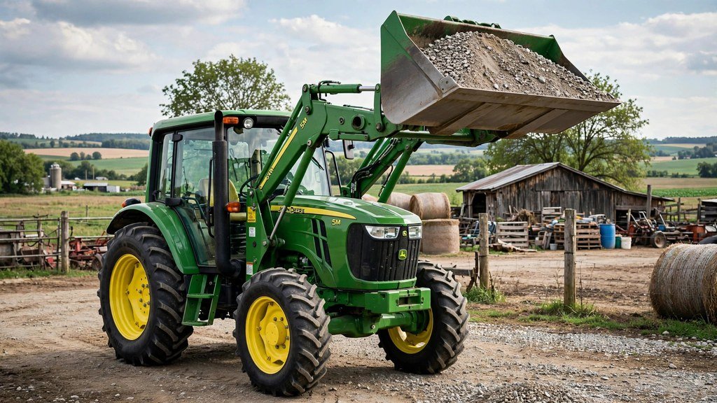 John Deere 5M series utility tractor with 540M front loader lifting gravel