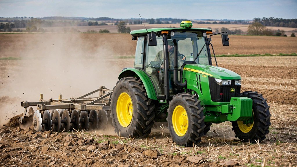 John Deere 5M series tractor pulling a disc harrow tilling a field
