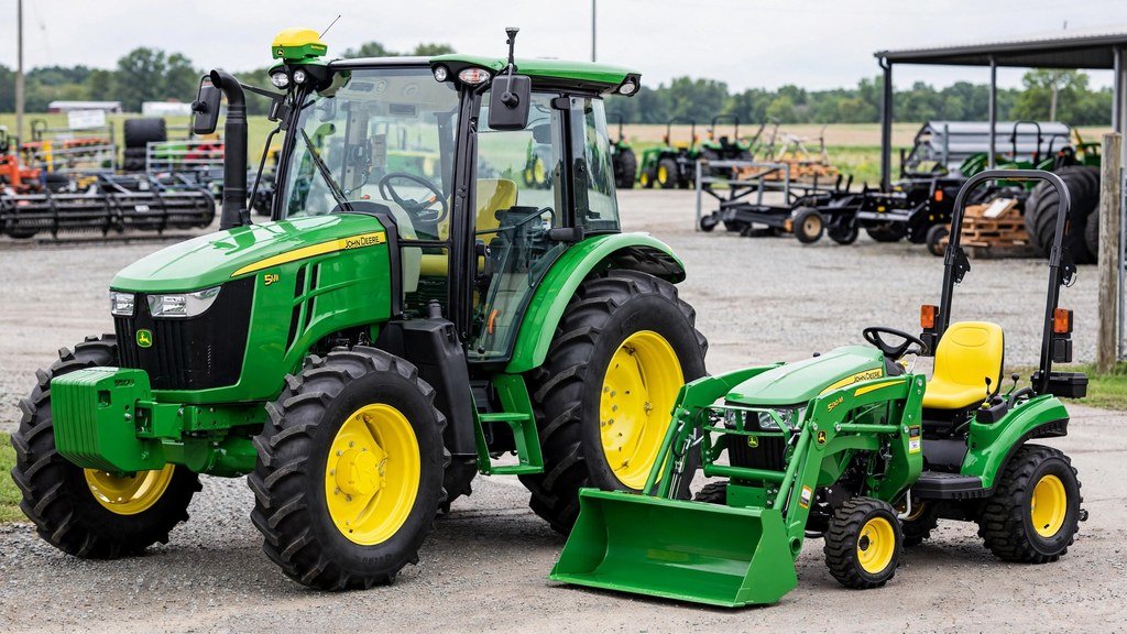 John Deere 5M series tractor parked beside a smaller compact tractor on a dealer lot