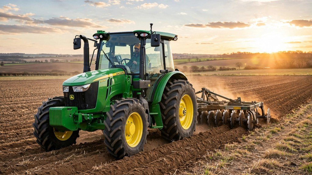 John Deere 5M series tractor working in a field at golden hour