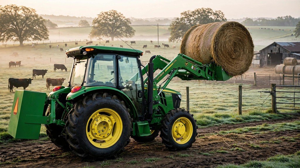John Deere 5M Series performance with front loader lifting a round bale