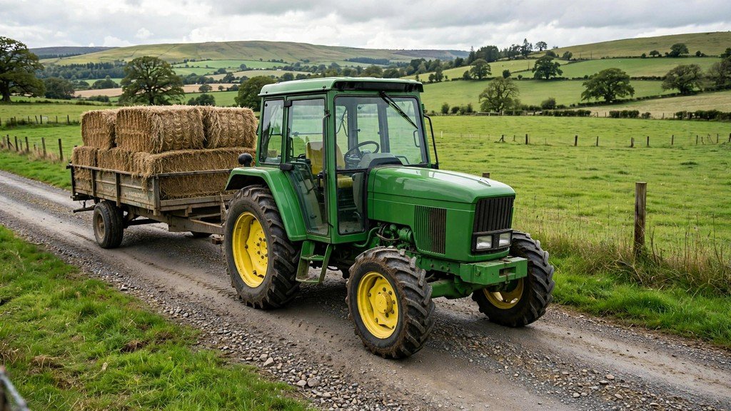 John Deere 5M Series performance hauling a loaded trailer