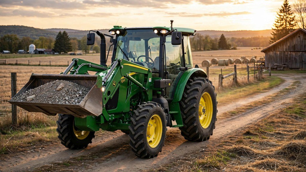 John Deere 5M Series utility tractor with front loader working on a farm