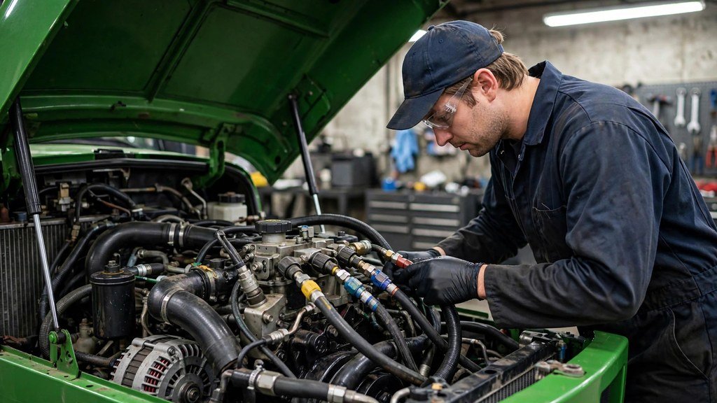 Mechanic inspecting the engine compartment and hydraulic connections on a John Deere 5M tractor