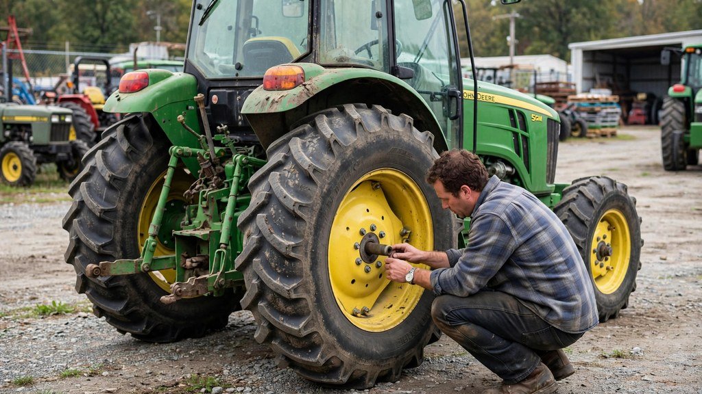 Buyer inspecting brakes and tires on a used John Deere 5M Series tractor