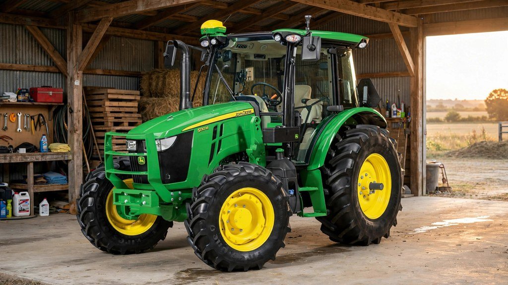 Clean John Deere 5M Series tractor parked in a shed after servicing