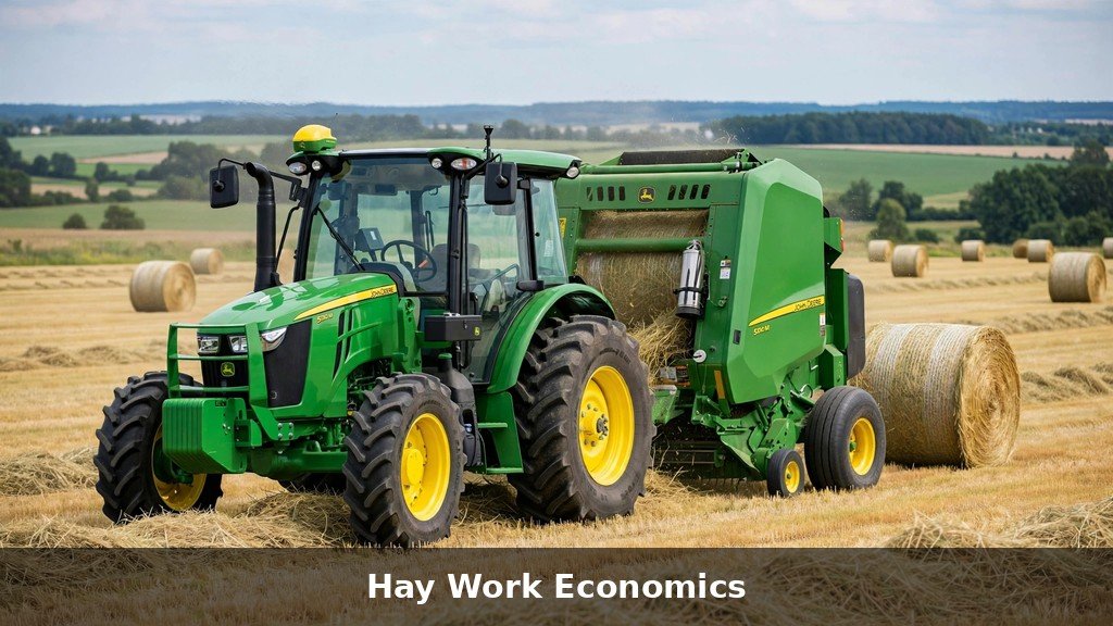 John Deere 5M utility tractor pulling a round baler, hay work