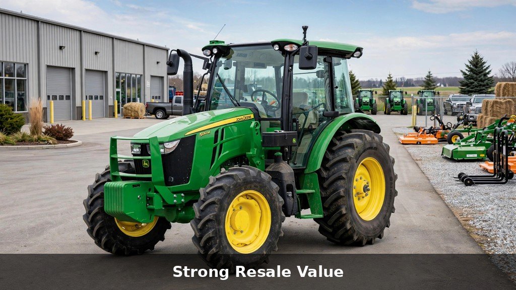 Clean used John Deere 5M tractor on a dealership lot showing strong resale value
