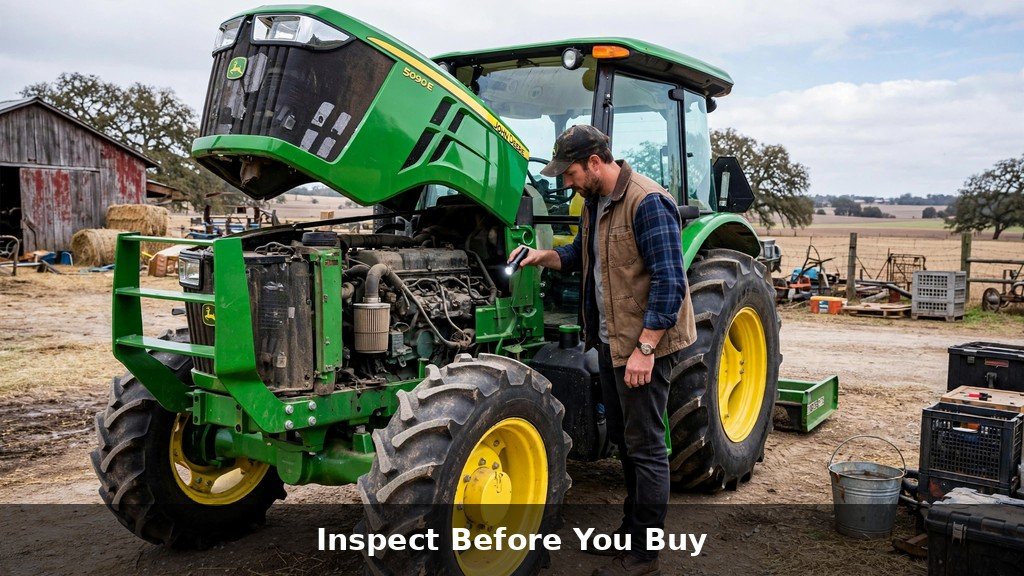 Buyer inspecting a used John Deere 5M tractor with the hood open