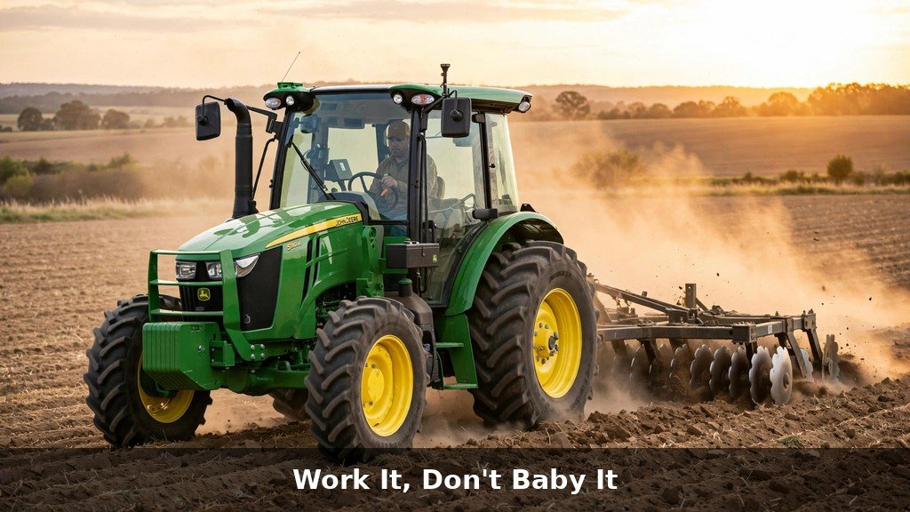 John Deere 5M tractor tilling a field at golden hour, ownership essentials