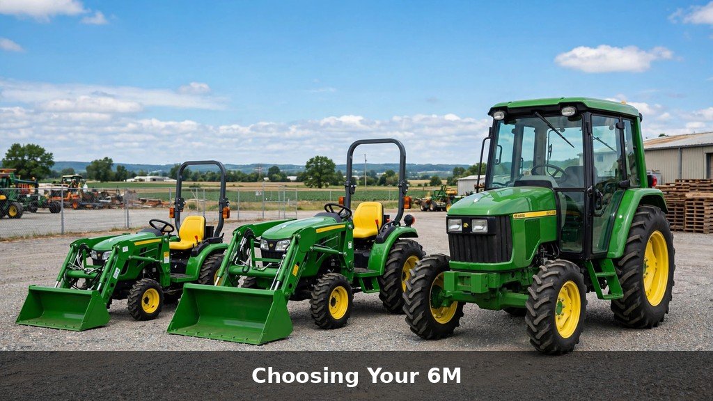 John Deere 6M Series tractors lined up at a dealership