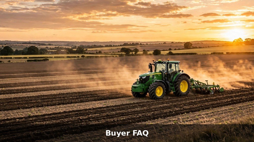 John Deere 6M tractor in a field at sunset