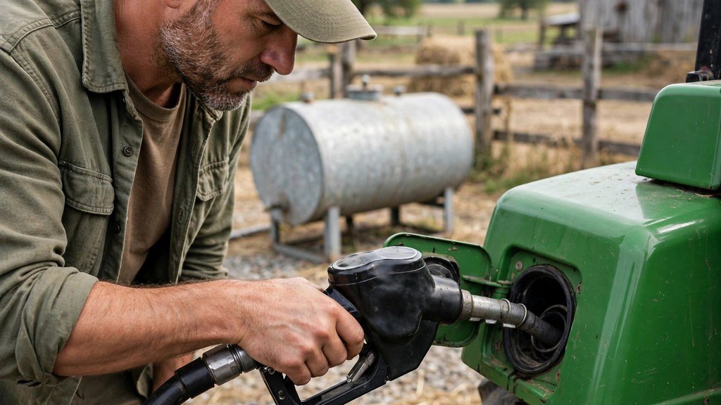 Refueling a John Deere 6M tractor with diesel