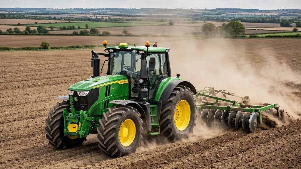 John Deere 6M tractor tilling a field with a disc harrow