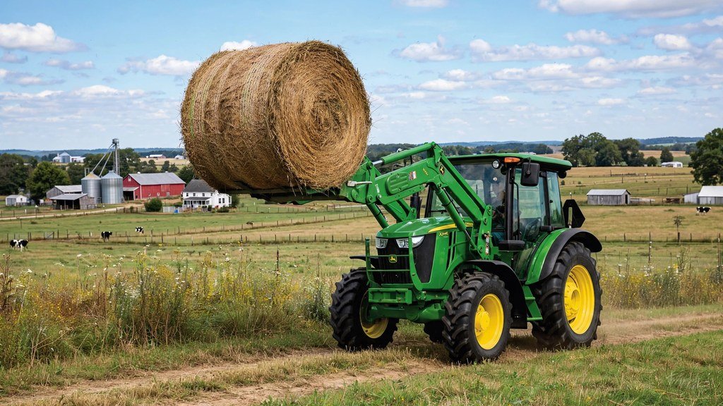 John Deere 6M tractor with front loader carrying a round hay bale