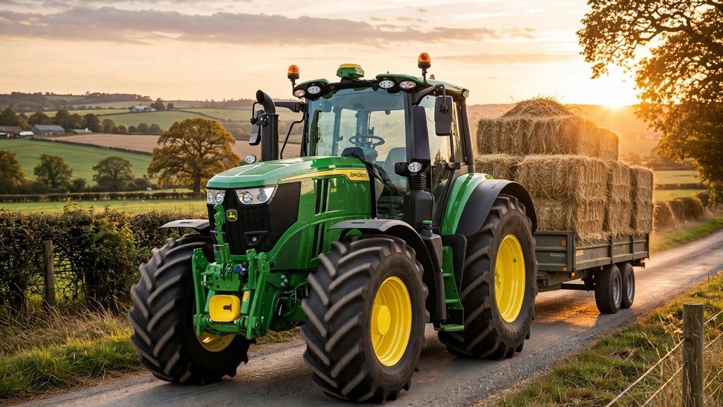 John Deere 6M tractor towing a trailer at sunset