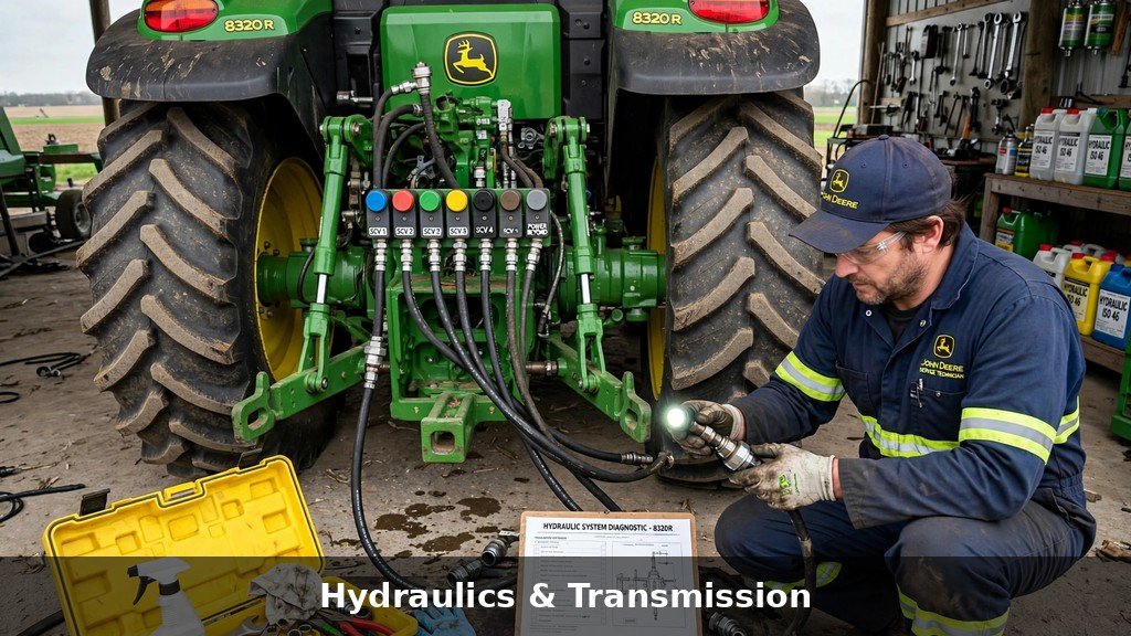 Technician servicing the hydraulic system on a John Deere 6M tractor