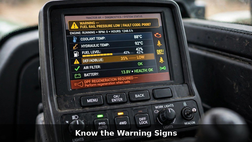 Tractor cab dashboard display showing diagnostic warning lights