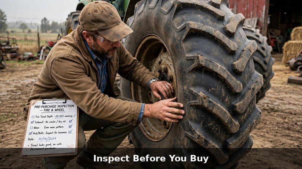 Farmer inspecting tractor tire tread during a used tractor pre-purchase check