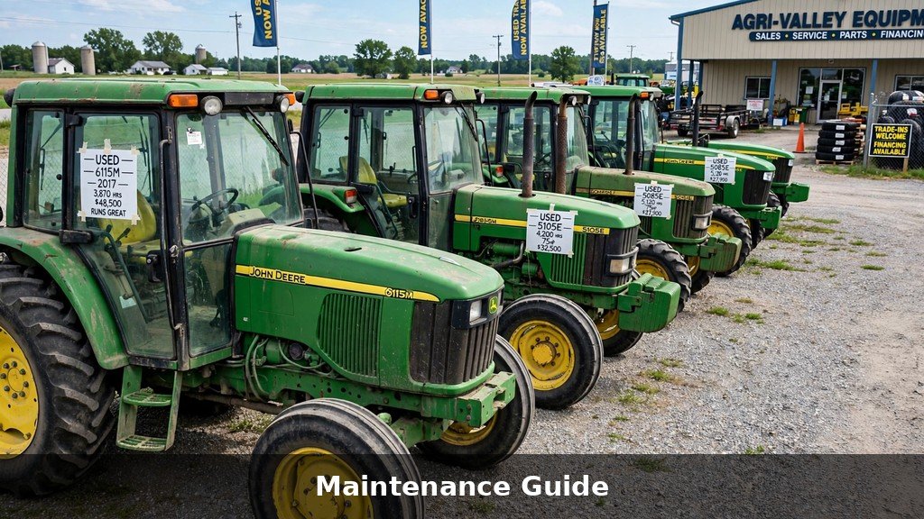 Row of used John Deere tractors at a dealership lot