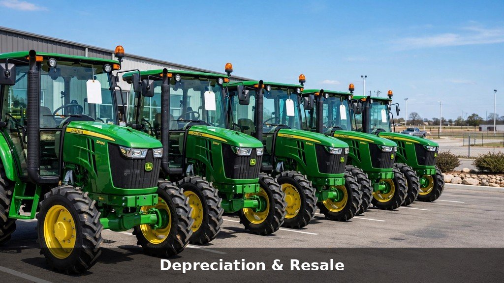 Row of John Deere utility tractors on a dealership sales lot