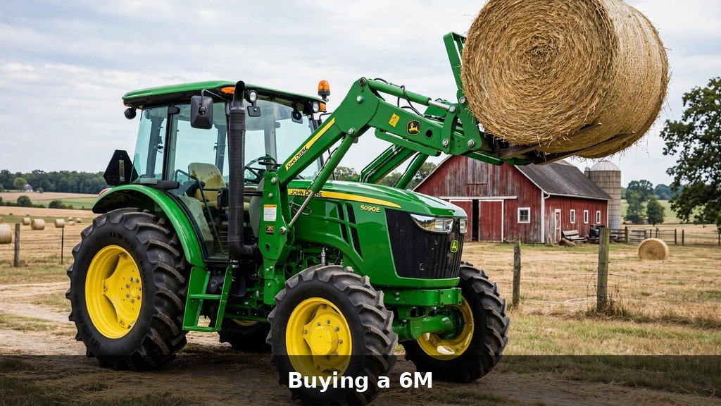 John Deere utility tractor with front loader lifting a round hay bale