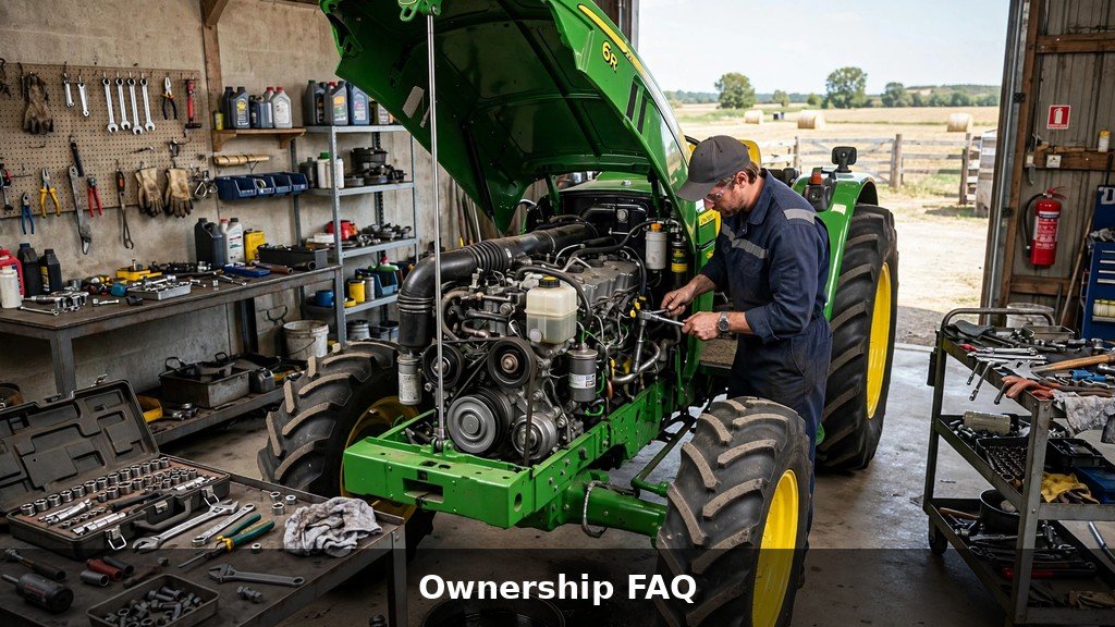 John Deere tractor with hood open during routine service in a farm workshop