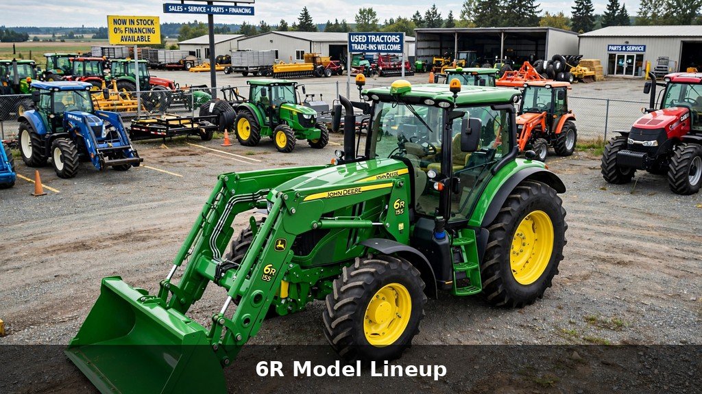 John Deere 6R tractor models on a dealer lot