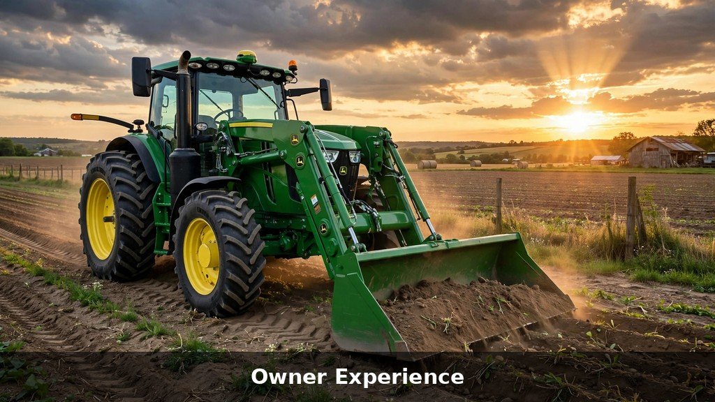 John Deere 6R tractor working on a farm at sunset