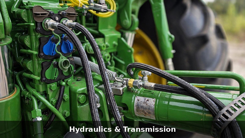 Close-up of John Deere 6R tractor hydraulic hoses, couplers and transmission housing