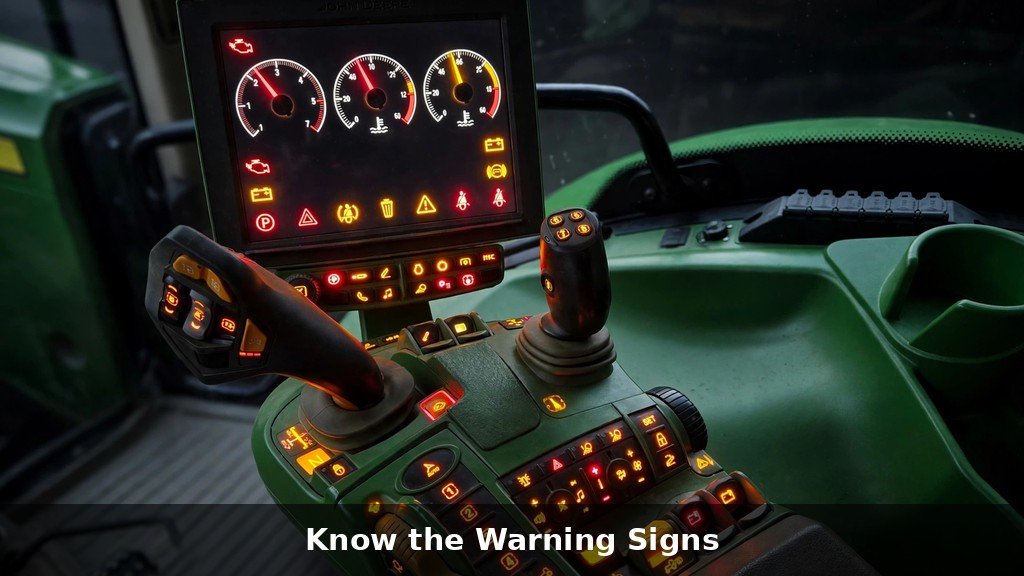 John Deere 6R tractor cab dashboard display showing warning indicator lights
