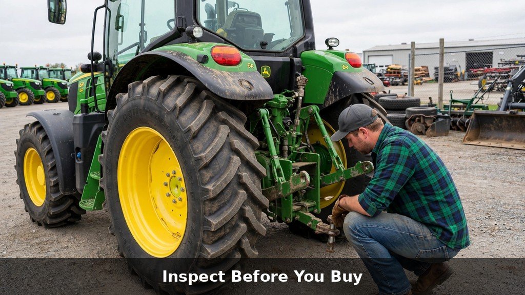 Buyer inspecting a used John Deere 6R tractor on a dealer lot