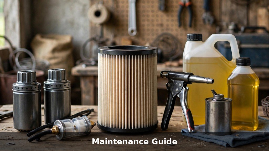 Tractor maintenance supplies including filters and oil arranged on a workbench