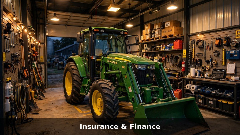 John Deere 6R tractor parked in a farm equipment shed