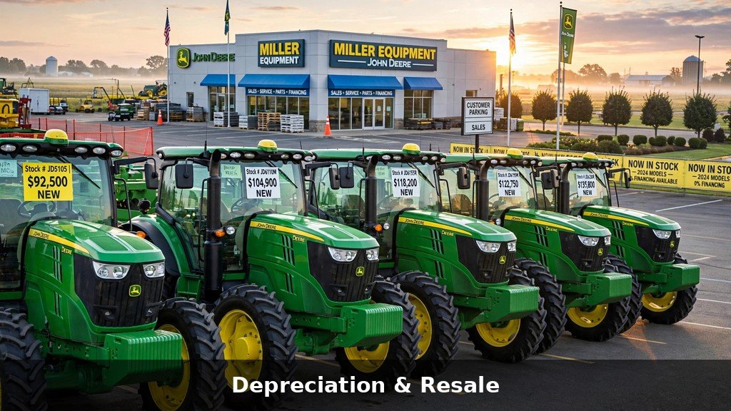 Row of John Deere tractors on a dealer lot