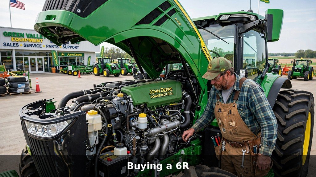 Farmer inspecting a John Deere 6R tractor with the hood open