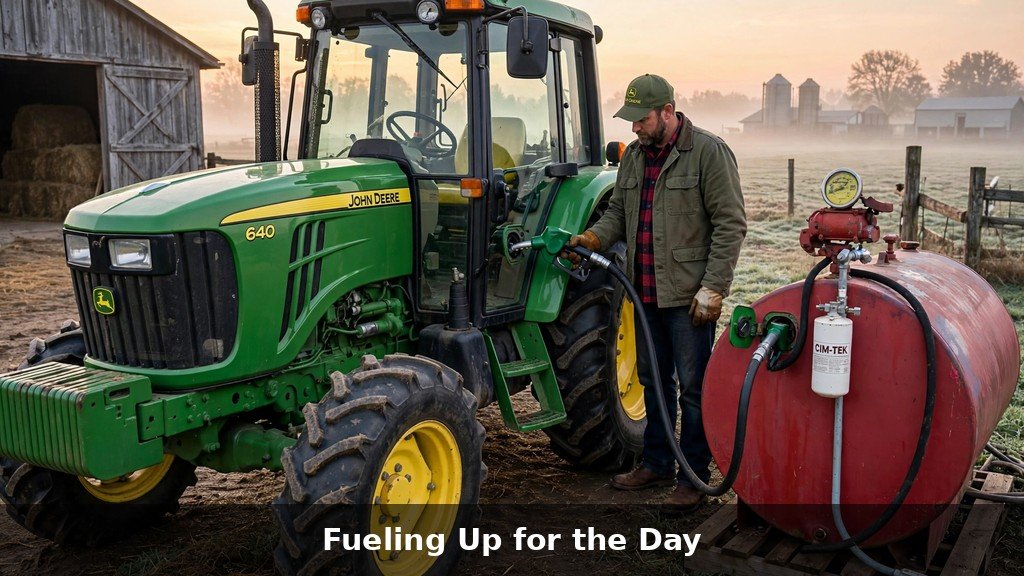 Refueling a John Deere 6110M tractor from a farm diesel tank