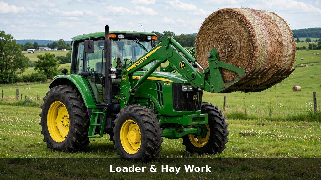 John Deere tractor with front loader carrying a round hay bale