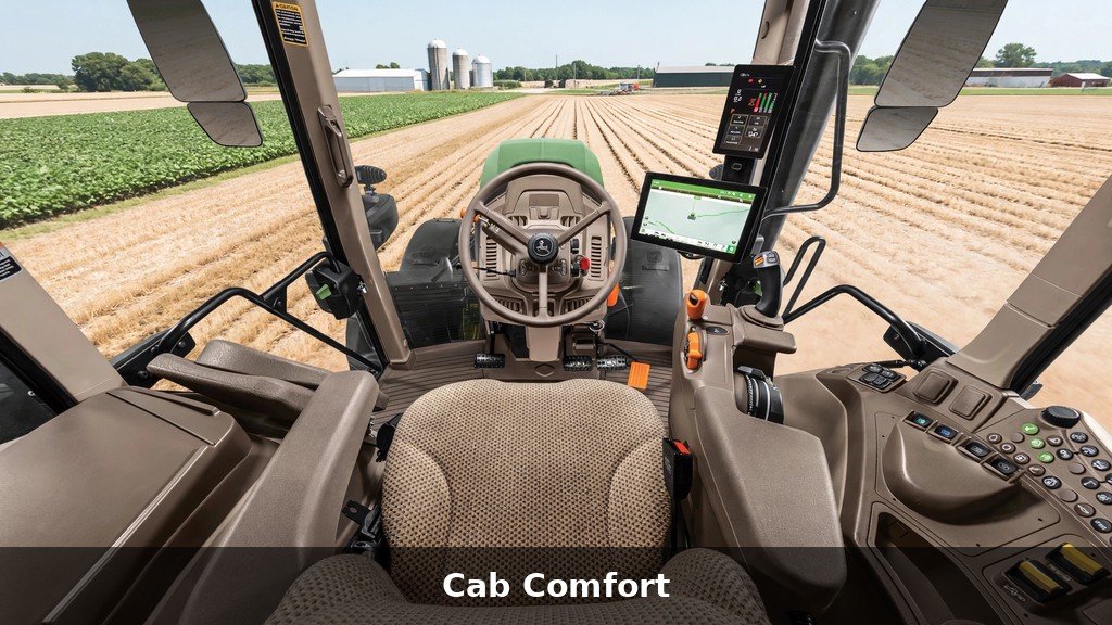 Interior of a John Deere 6110M tractor cab with controls and display