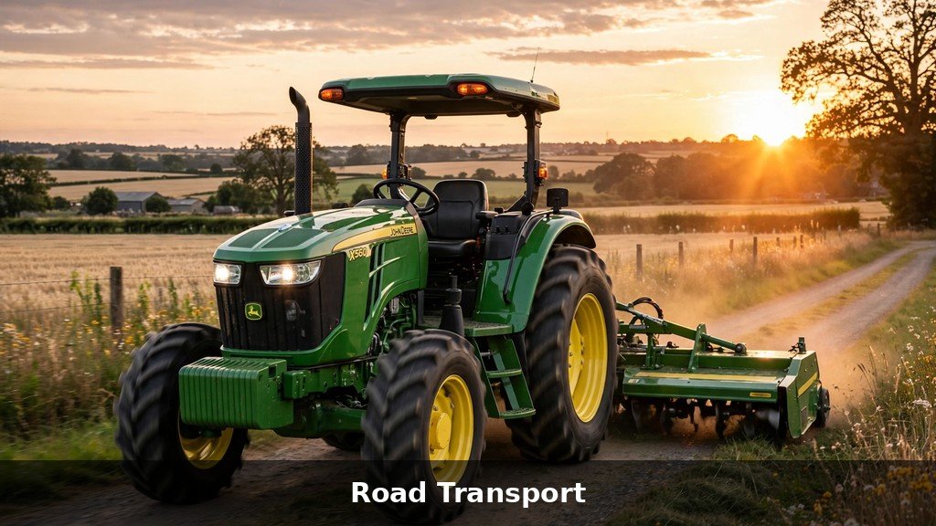 John Deere 6110M tractor driving on a country road at sunset