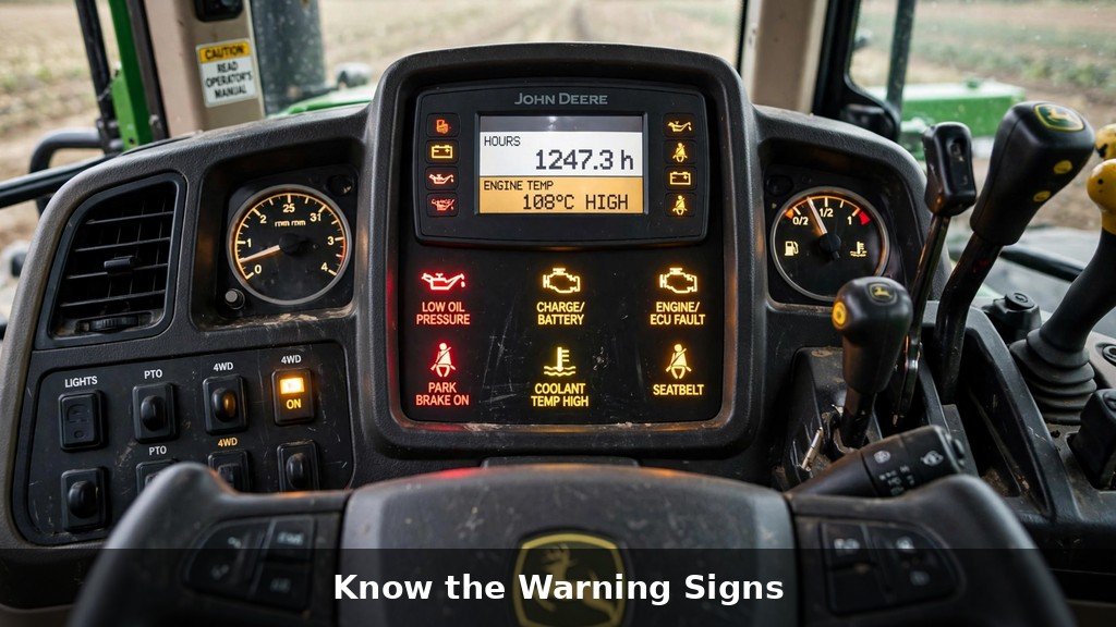 Tractor dashboard with warning indicator lights inside a John Deere 6110M cab