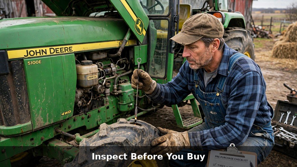 Farmer inspecting a used John Deere 6110M tractor before purchase