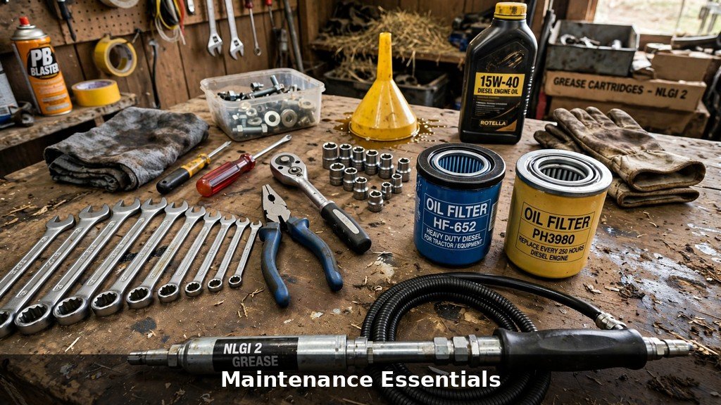 Tractor maintenance tools, oil filters and grease gun on a farm shop workbench