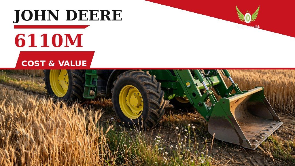 John Deere 6110M Cost and Value featured banner showing the tractor with a loader in a wheat field