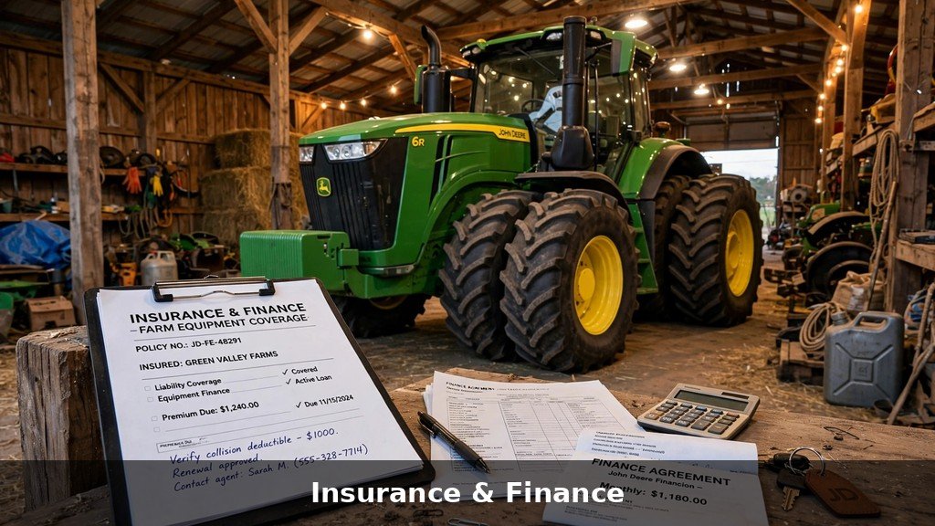 John Deere 6110M parked in a farm equipment barn with insurance paperwork