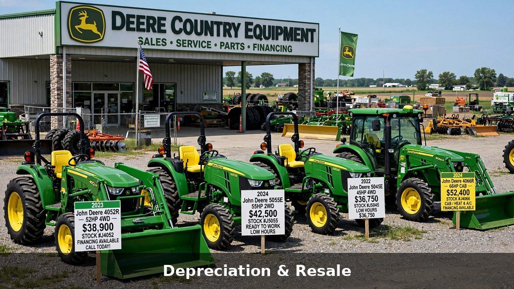 John Deere utility tractors on a dealership lot for resale