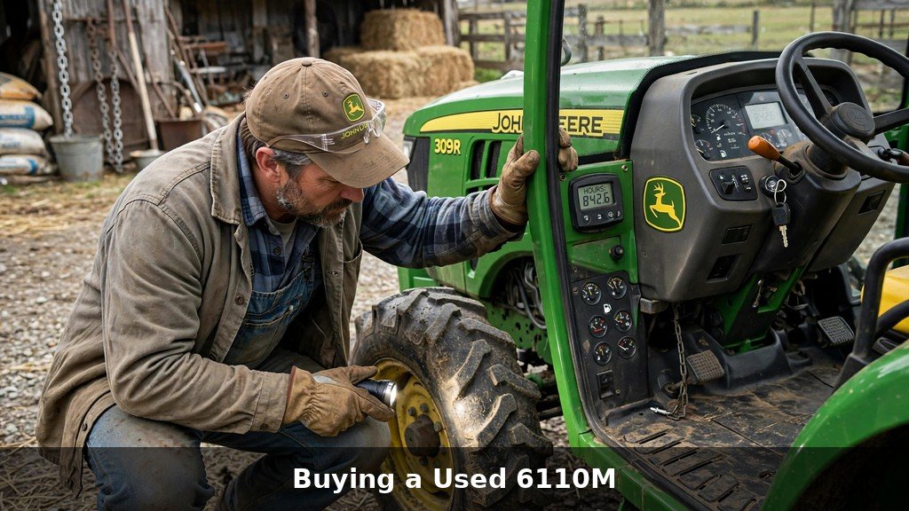 Buyer inspecting a used John Deere 6110M tractor tire and hour meter