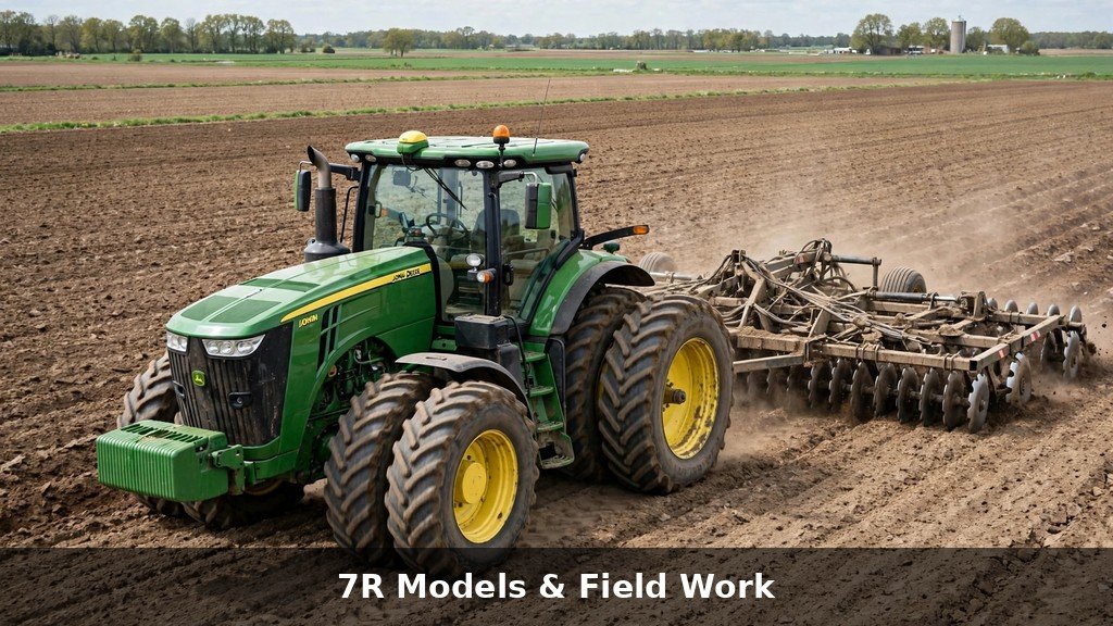 John Deere 7R Series tractor with dual wheels pulling a tillage implement