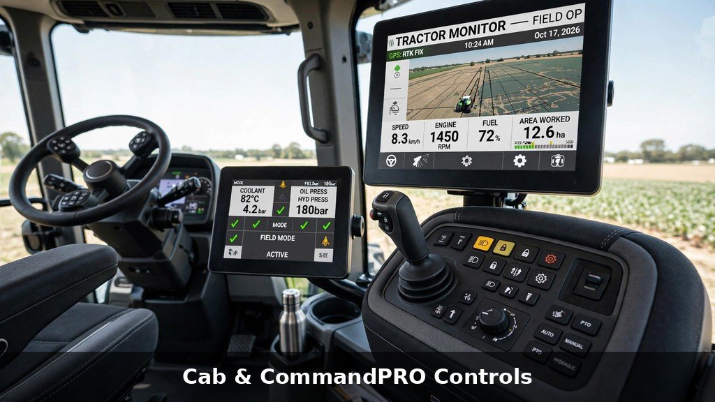 John Deere 7R Series cab interior with CommandPRO controls